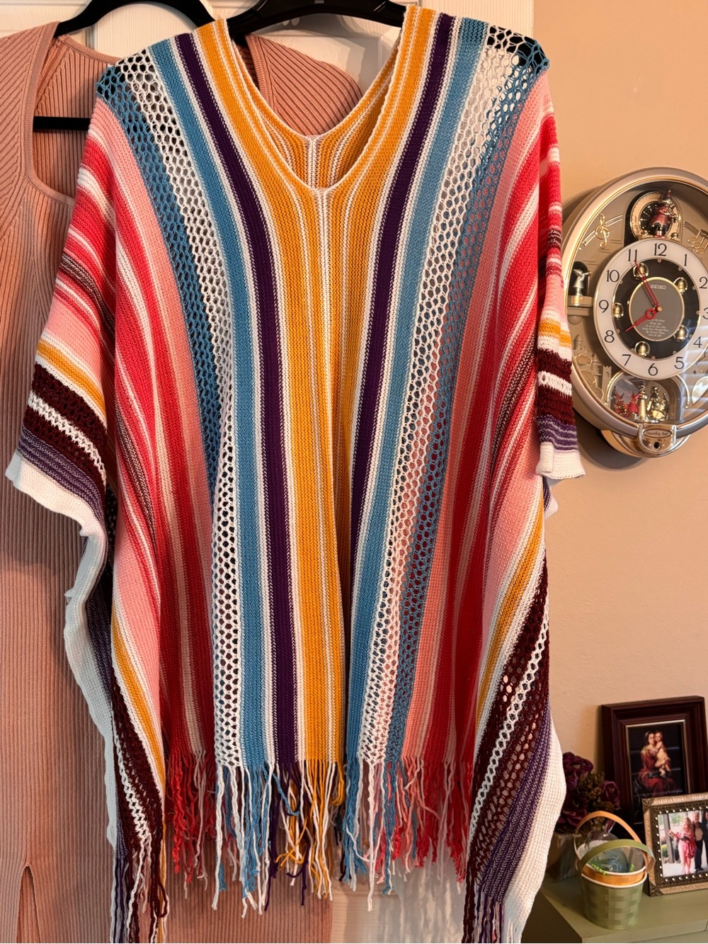 Multicolor Striped Fringe Poncho - Vibrant Stripes